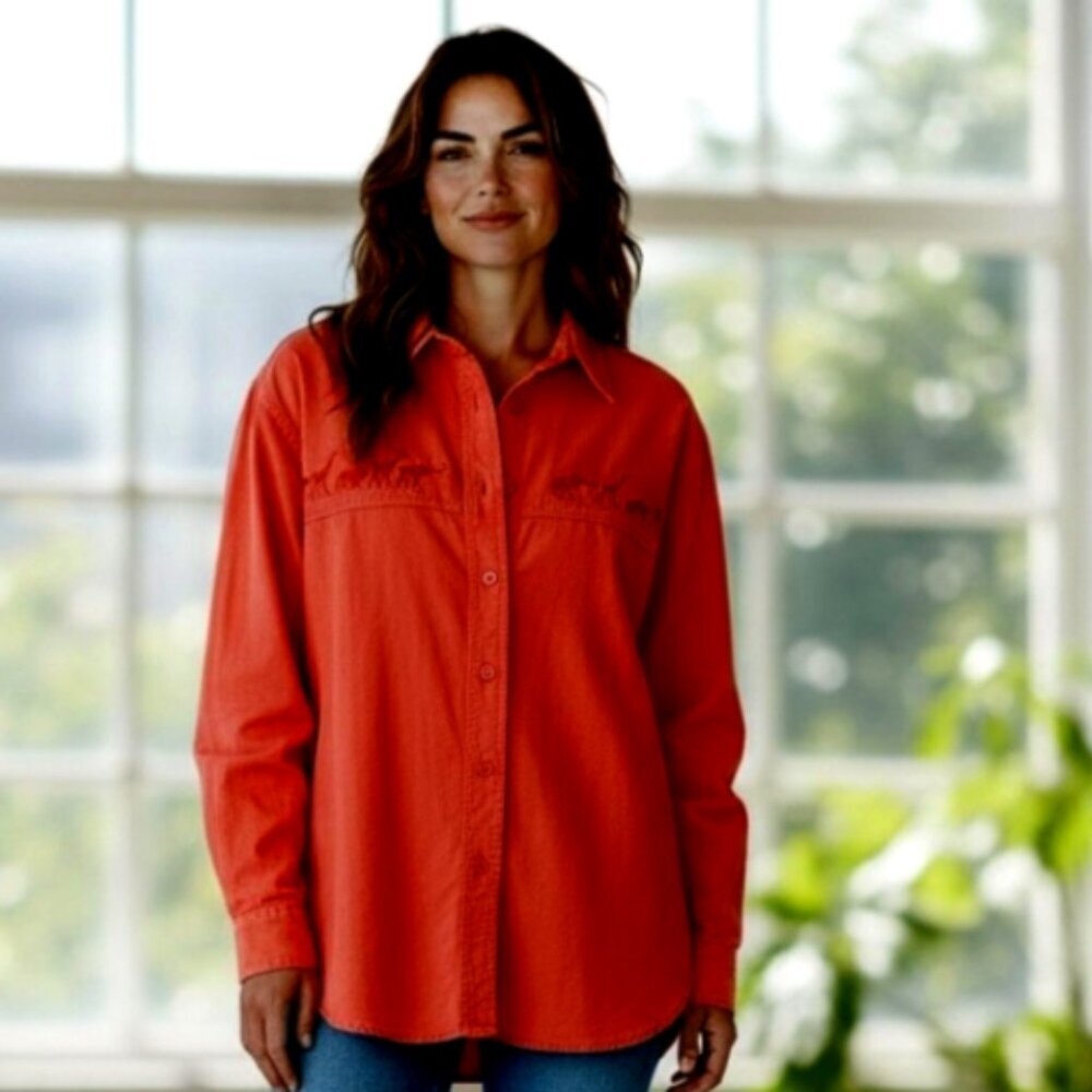Miramax Cotton Button-Up Top‎ Embroidered Zoo Animals Rust-Red M #59E